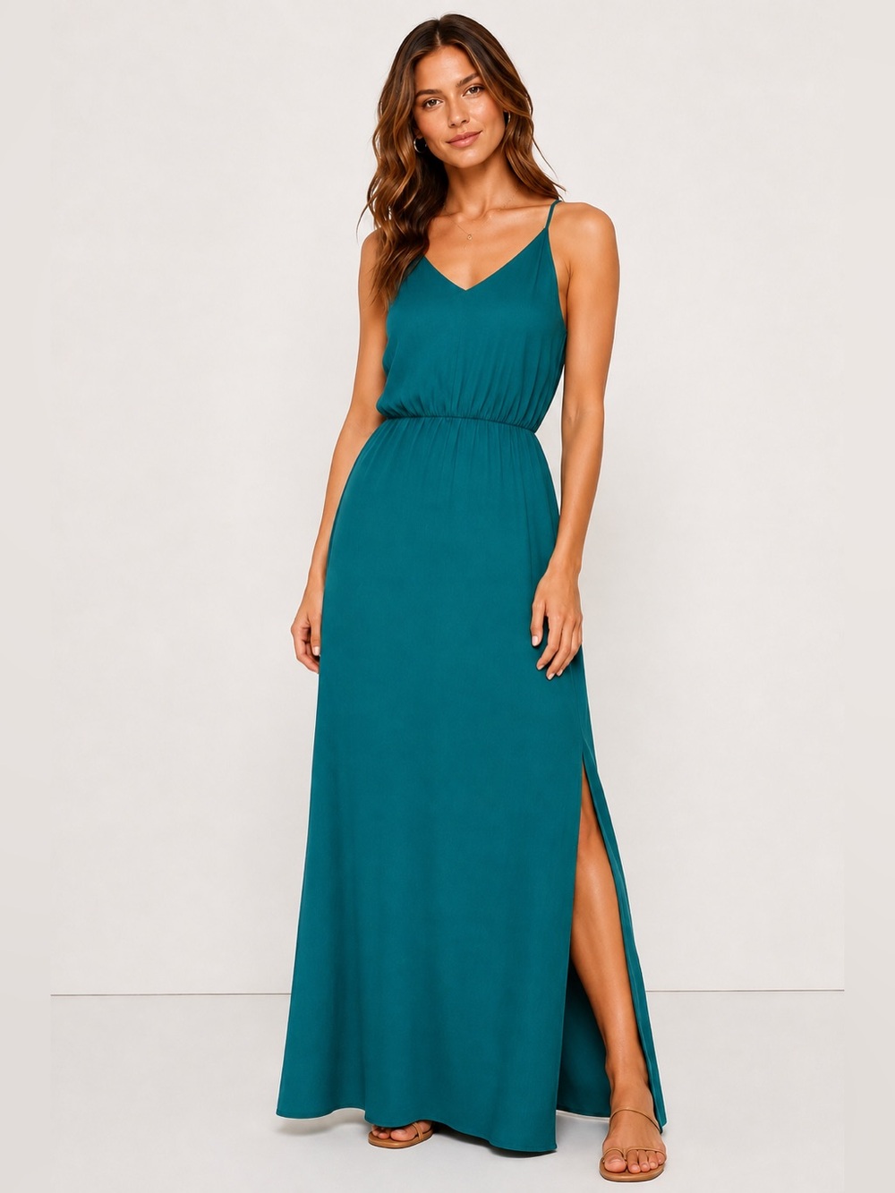 LOFT NWT Teal Emerald Maxi Dress | Size 4P Petite | Spaghetti Strap Side Slit